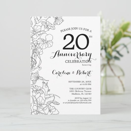 20e Jubileum Invitation - Zwart Wit Bloemen Kaart (Staand voorkant)