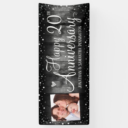 20e Jubileum Rustic Wood Foto Silver Confetti Spandoek (Verticaal)