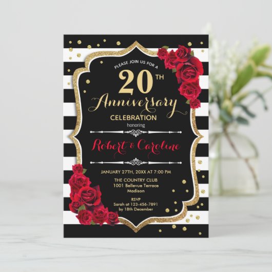 20e Jubileum Uitnodiging - Rood Goud Zwart Wit (Staand voorkant)