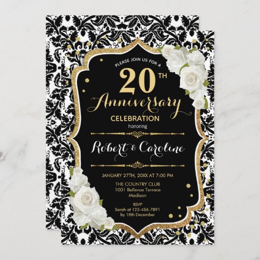 20e Jubileum Uitnodiging - Zwart Wit Goud (Voorkant / Achterkant)