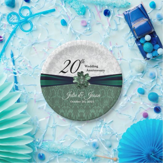 20e Jubileum van Emerald Damask Wedding Papieren Bordje (Feest)