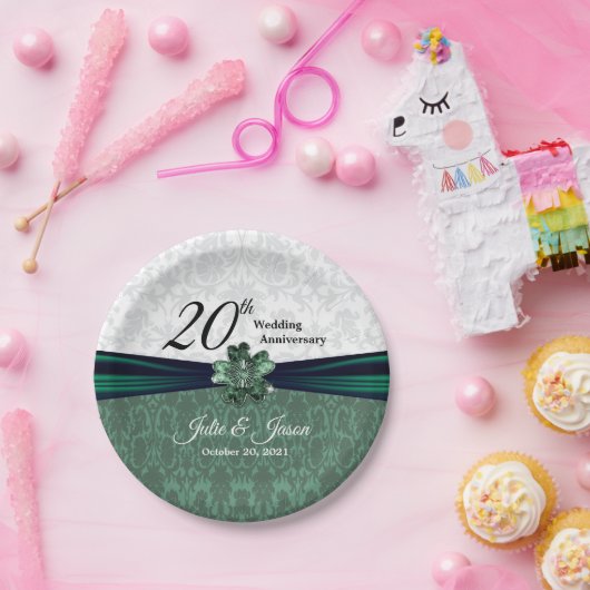 20e Jubileum van Emerald Damask Wedding Papieren Bordje (Feest)