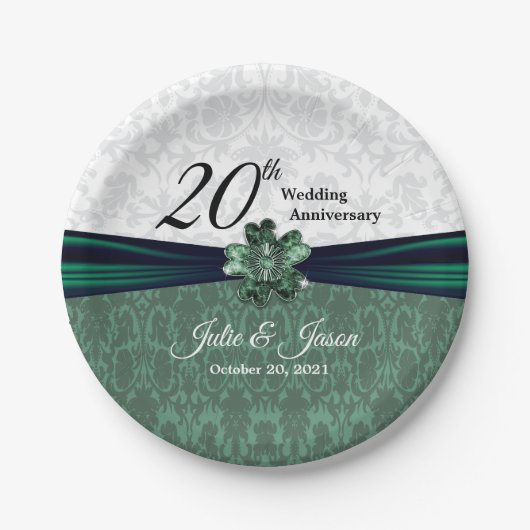 20e Jubileum van Emerald Damask Wedding Papieren Bordje (Voorkant)