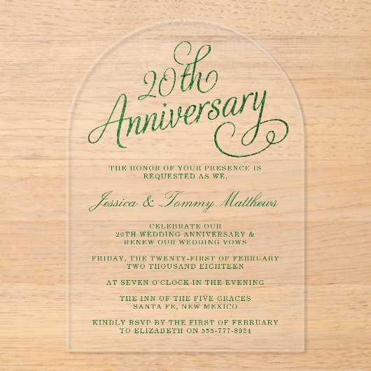 20e Jubileum van het Emerald Wedding Acryl Uitnodigingen (Voorkant)
