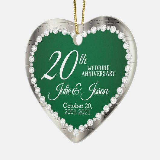 20e Jubileum voor bruiloft | Emerald en Silver Keramisch Ornament (Links)
