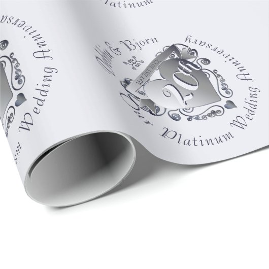 20e Jubileum voor bruiloft Platinum Heart Emblem Cadeaupapier (Rol Hoek)