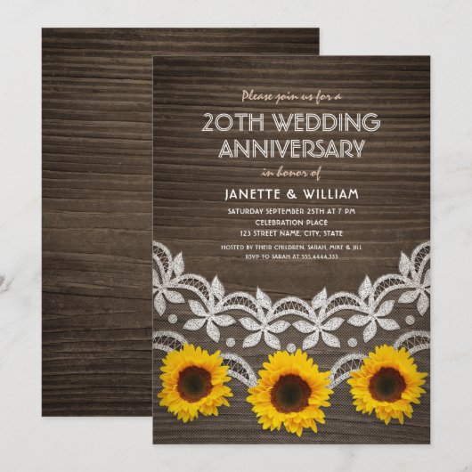 20e Jubileum voor bruiloft Rustic Sunflower Lace Kaart (Voorkant / Achterkant)