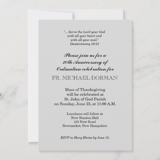 20e Ordination Jubileum Invitation, aangepaste naa Kaart (Achterkant)