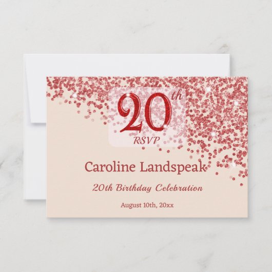 20e Ruby Red Glitter Burgundy Verjaardag RSVP  Kaartje (Voorkant)