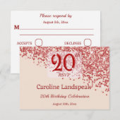 20e Ruby Red Glitter Burgundy Verjaardag RSVP  Kaartje (Voorkant / Achterkant)