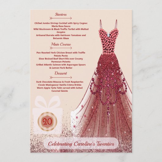 20e Ruby Red Glitter Burgundy Verjaardagsfeest Men Menu (Voorkant)