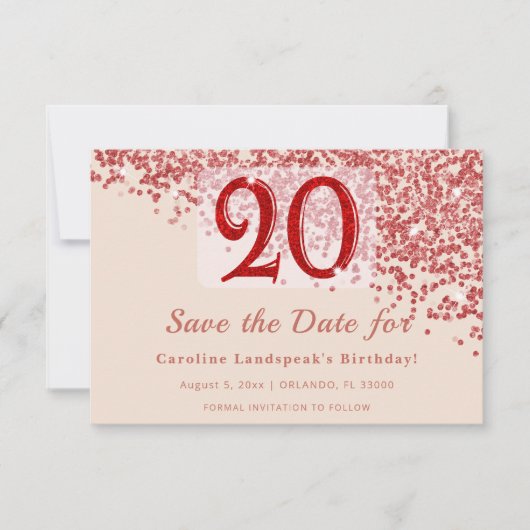 20e Ruby Red Glitter Champagne Save the Date (Voorkant)