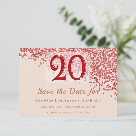 20e Ruby Red Glitter Champagne Save the Date  (Staand voorkant)