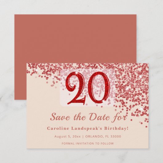 20e Ruby Red Glitter Champagne Save the Date (Voorkant / Achterkant)