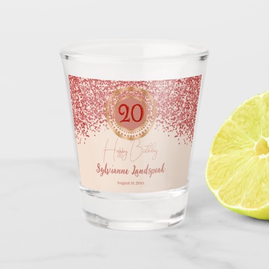 20e Ruby Rode Glitter Champagne-Gouden Verjaardag  Shot Glas (Voorkant)