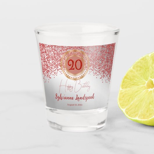 20e Ruby Rode Glitter Zilver Verjaardag Shot Glas (Voorkant)