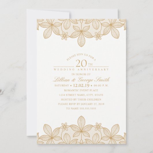 20e trouwdag Elegant Gouden Kant Kaart (Voorkant)