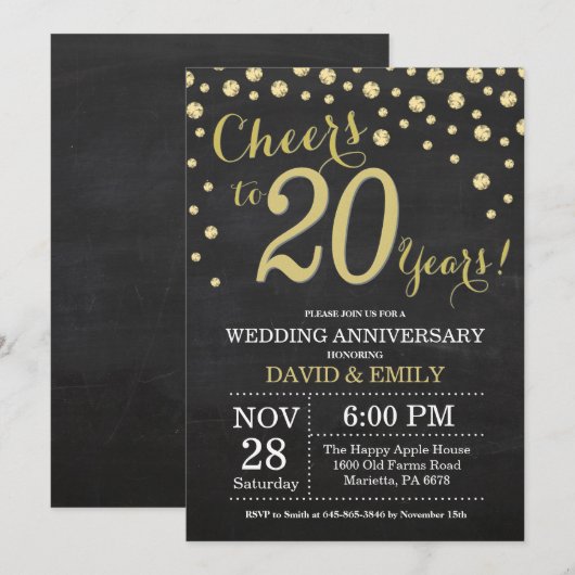 20e trouwdag krijtbord zwart en goud kaart (Voorkant / Achterkant)