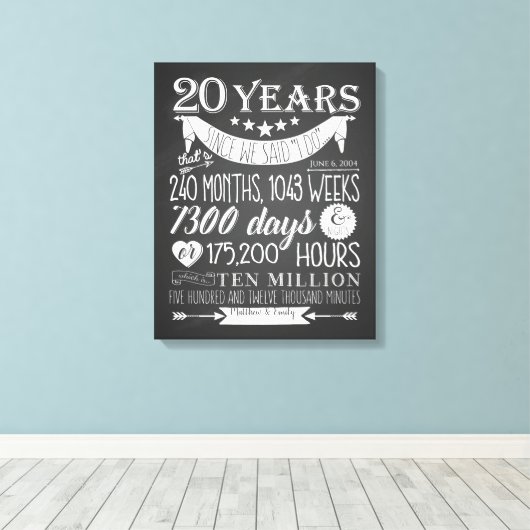 20e trouwdag, schoolbord, 20 jaar canvas afdruk (Insitu (Houten vloer))