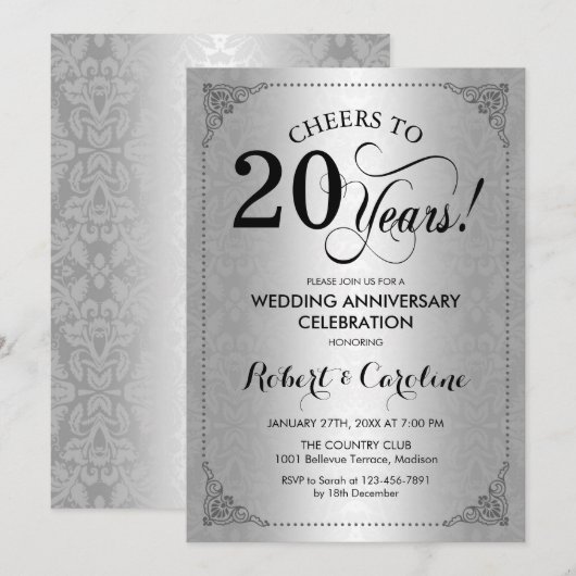 20e trouwdag - Zilveren Zwarte Damast Kaart (Voorkant / Achterkant)
