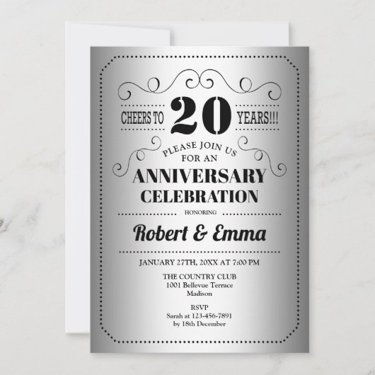 20e trouwdagfeest - Zilver Zwart Kaart (Voorkant)