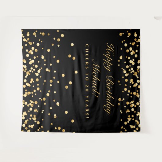 20e verjaardag achtergrond, zwart en gouden confet wandkleed (Voorkant (horizontaal))