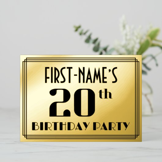 20e verjaardag: Art Deco Kijk "20" en naam Folie Uitnodiging (Staand Voorkant)