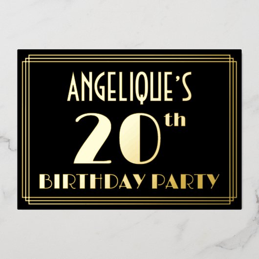 20e verjaardag: Art Deco Kijk "20", met naam Folie Uitnodiging (Voorkant)