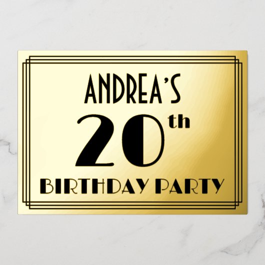 20e verjaardag — Art Deco look "20" + Naam Folie Uitnodiging (Voorkant)