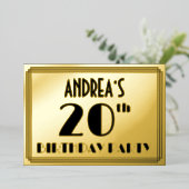 20e verjaardag — Art Deco look "20" + Naam Folie Uitnodiging (Staand Voorkant)
