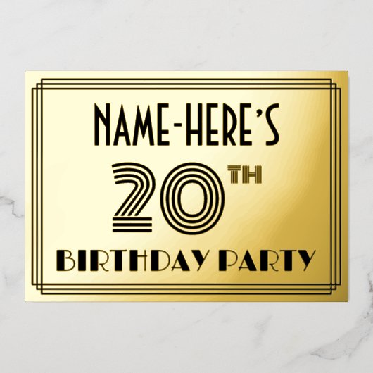 20e verjaardag — Art Deco Style "20" en naam Folie Uitnodiging (Voorkant)