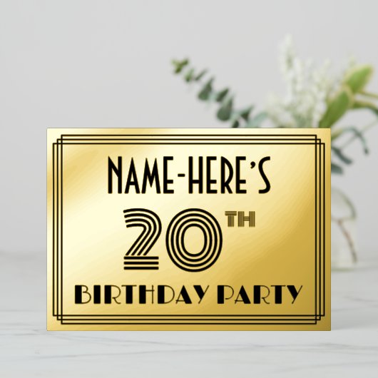20e verjaardag — Art Deco Style "20" en naam Folie Uitnodiging (Staand Voorkant)