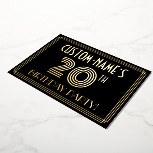 20e verjaardag — Art Deco Style "20" + Naam Folie Uitnodiging (Gedraaid)