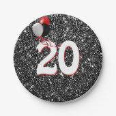 20e verjaardag ballonnen op zwarte glitter papieren bordje (Voorkant)