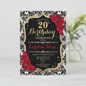20e verjaardag - Black Damask Gold Red Roses Kaart (Staand voorkant)