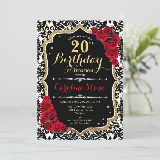 20e verjaardag - Black Damask Gold Red Roses Kaart (Staand voorkant)