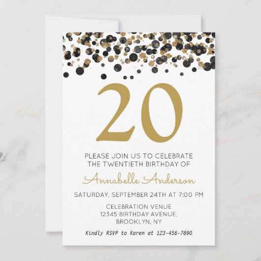 20e Verjaardag Black Gold Glitter Sparkle Confetti Kaart (Voorkant)