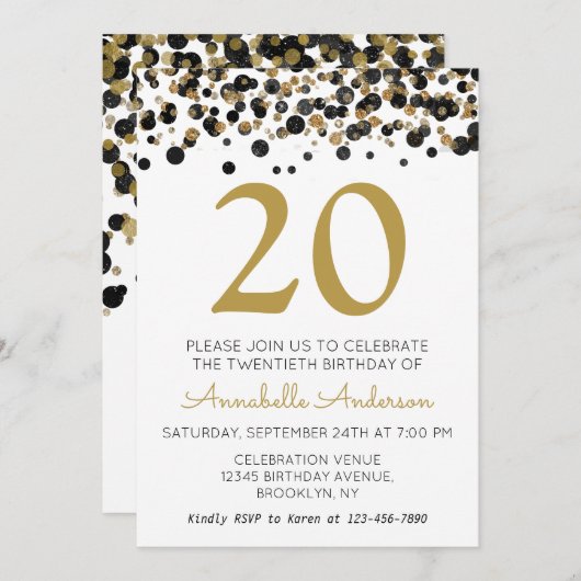 20e Verjaardag Black Gold Glitter Sparkle Confetti Kaart (Voorkant / Achterkant)