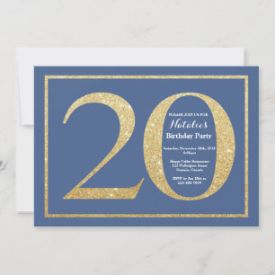20e verjaardag Blauw en Goud Glitter Kaart