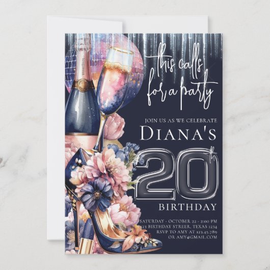 20e verjaardag blauw roze hiel champagne kaart (Voorkant)