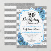 20e verjaardag - Blauw Zilver Wit Strepen Kaart (Voorkant / Achterkant)