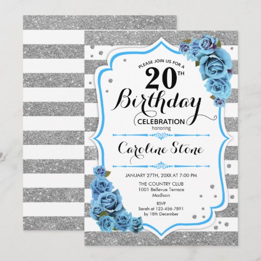 20e verjaardag - Blauw Zilver Wit Strepen Kaart (Voorkant / Achterkant)