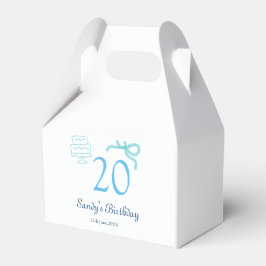 20e verjaardag blauwe strik cake naam datum pastel bedankdoosjes