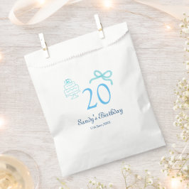 20e verjaardag blauwe strik cake naam datum pastel bedankzakje