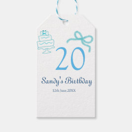 20e verjaardag blauwe strik cake naam datum pastel cadeaulabel