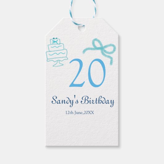 20e verjaardag blauwe strik cake naam datum pastel cadeaulabel (Voorkant)