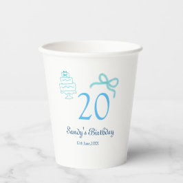 20e verjaardag blauwe strik cake naam datum pastel papieren bekers