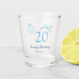 20e verjaardag blauwe strik cake naam datum pastel shot glas