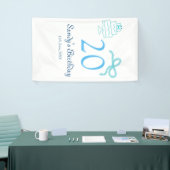 20e verjaardag blauwe strik cake naam datum pastel spandoek (Beurs)