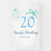 20e verjaardag blauwe strik cake naam datum pastel spandoek (Verticaal)